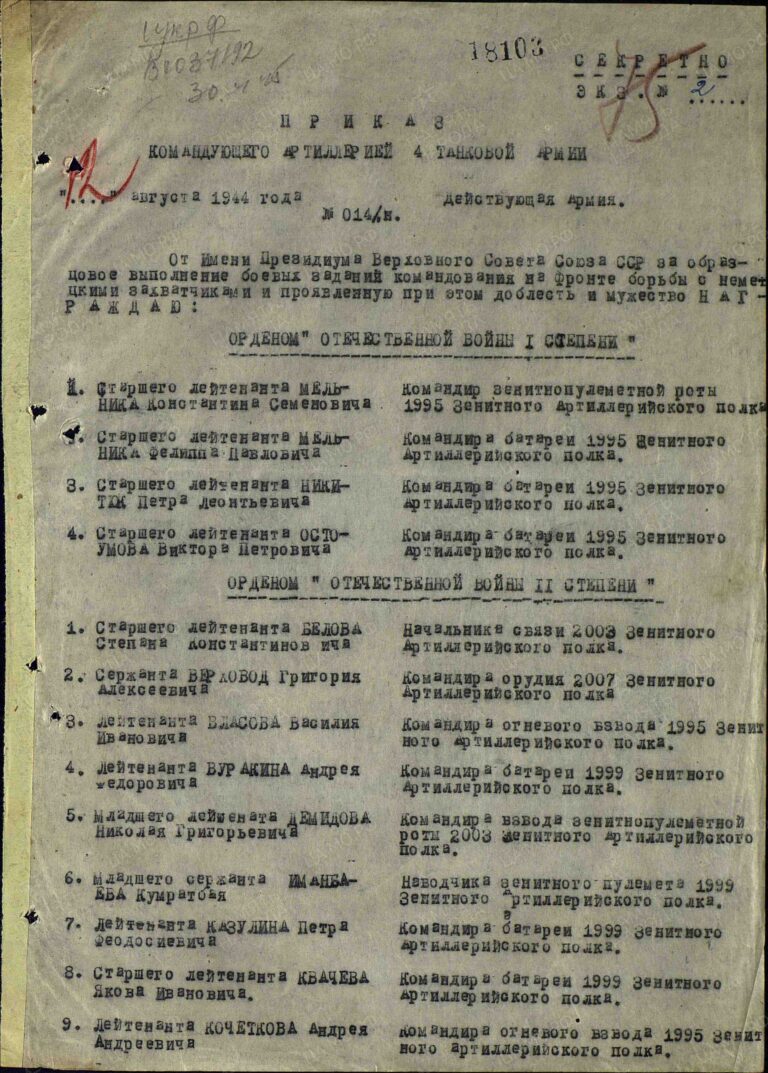 Вураки Андрей Федорович. Орден Отечественной войны II степени. Строка в наградном списке