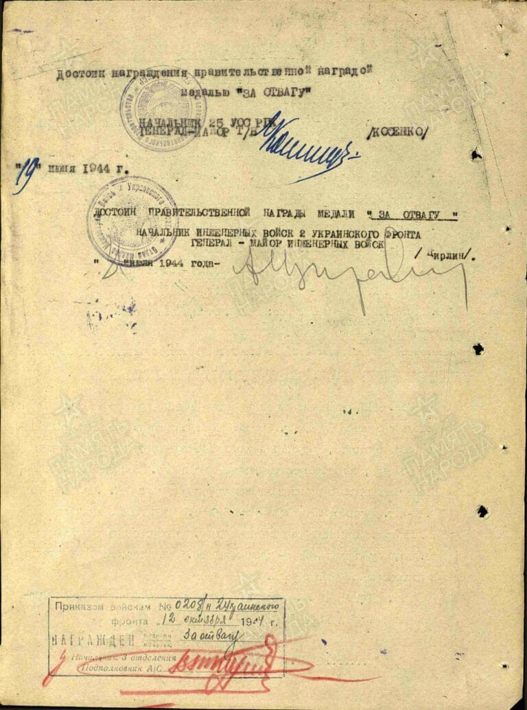 Михайлиди Николай Федорович. Медаль За отвагу. Наградной лист. Об