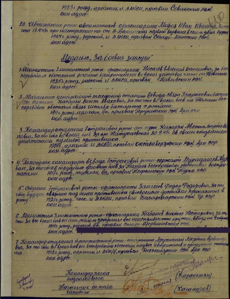 Зангелов Федор Федорович. Медаль За боевые заслуги. Строка в наградном списке