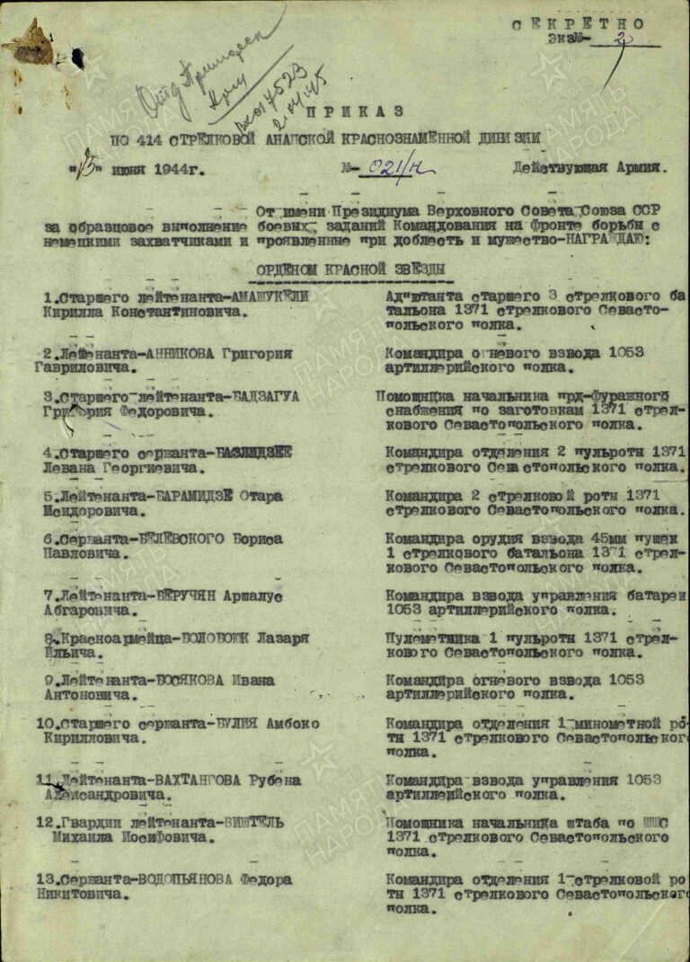 Апостолиди Христофор Пантелеевич. Медаль За отвагу. Первая страница приказа или указа