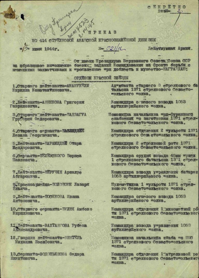Кузьмидис Иван Христофорович. Орден Красной Звезды. Первая страница приказа или указа