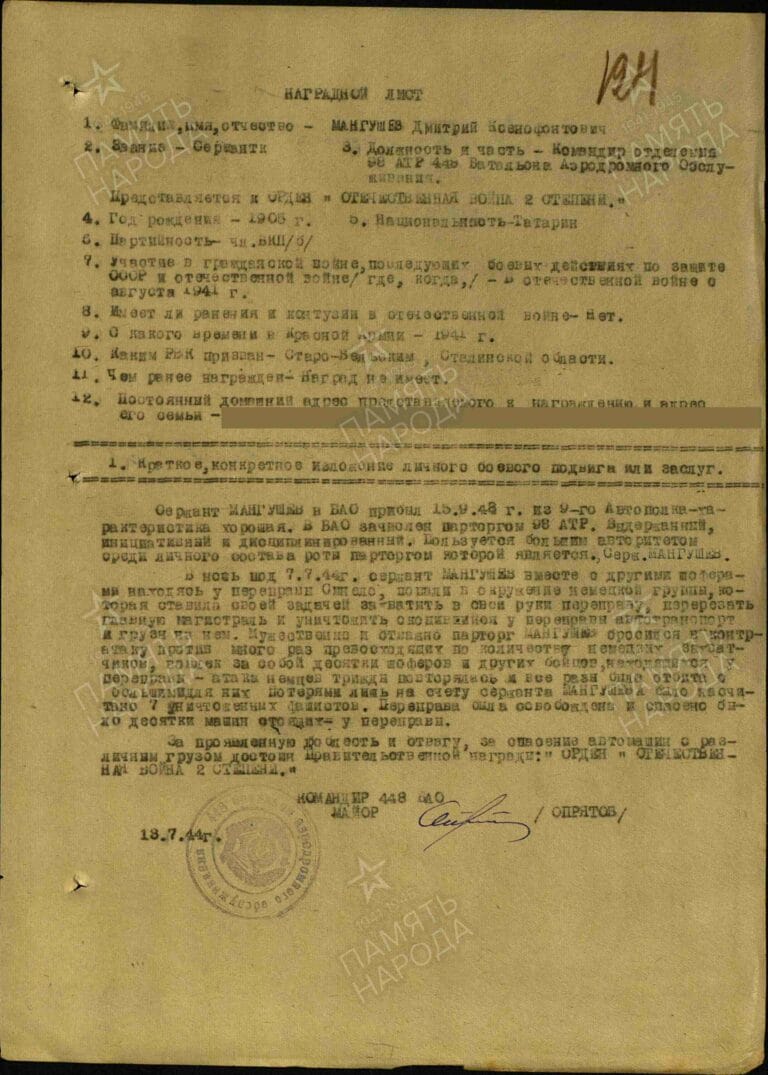 Мангушев Дмитрий Ксенофонтович. Медаль За отвагу. Наградной лист