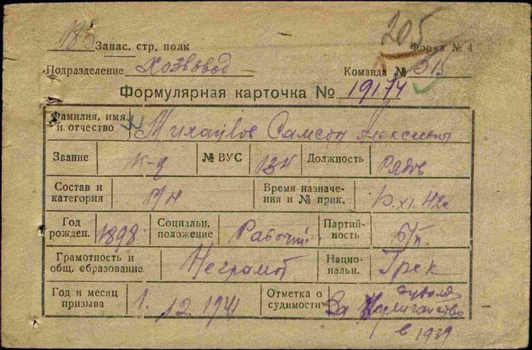 Михайлов Самсон Алексеевич. Сведения о личном составе