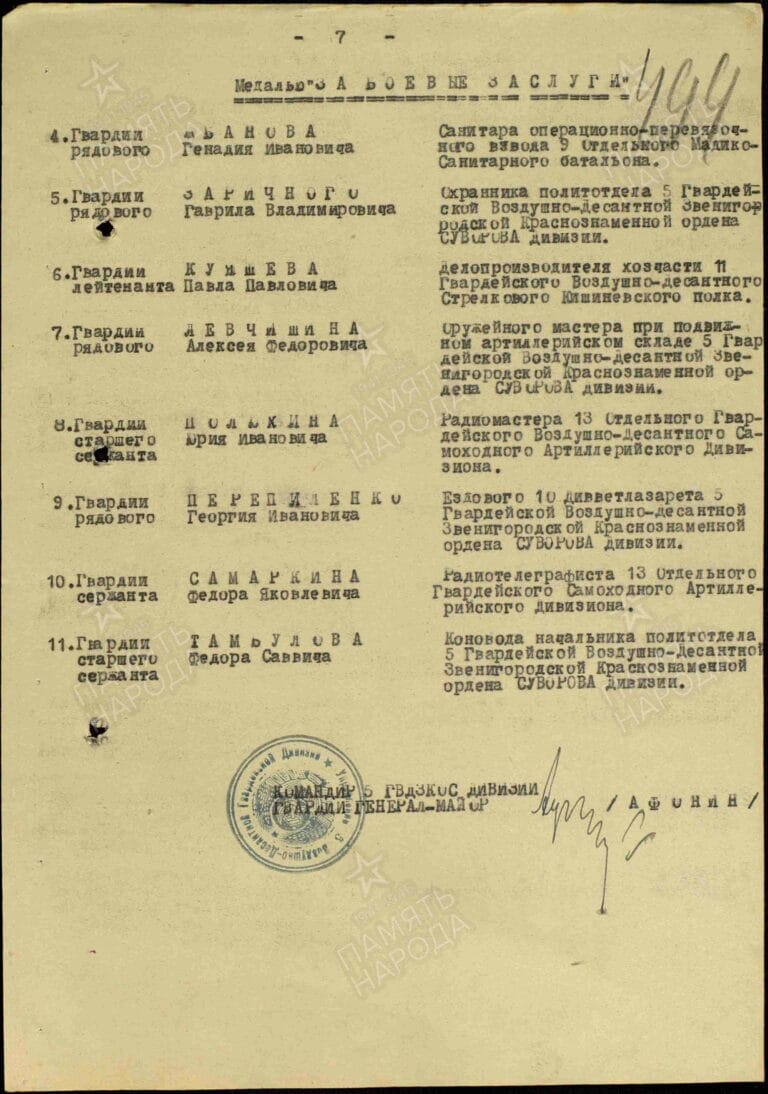 Тамбулов Федор Саввич. Медаль За боевые заслуги. Строка в наградном списке