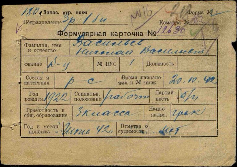 Васильев Николай Васильевич. Формулярная карточка