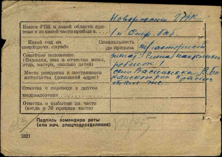 Васильев Николай Васильевич. Формулярная карточка об