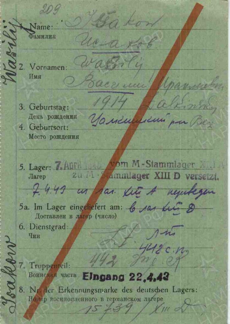 ЦАМО Картотека военнопленных офицеров Л.209