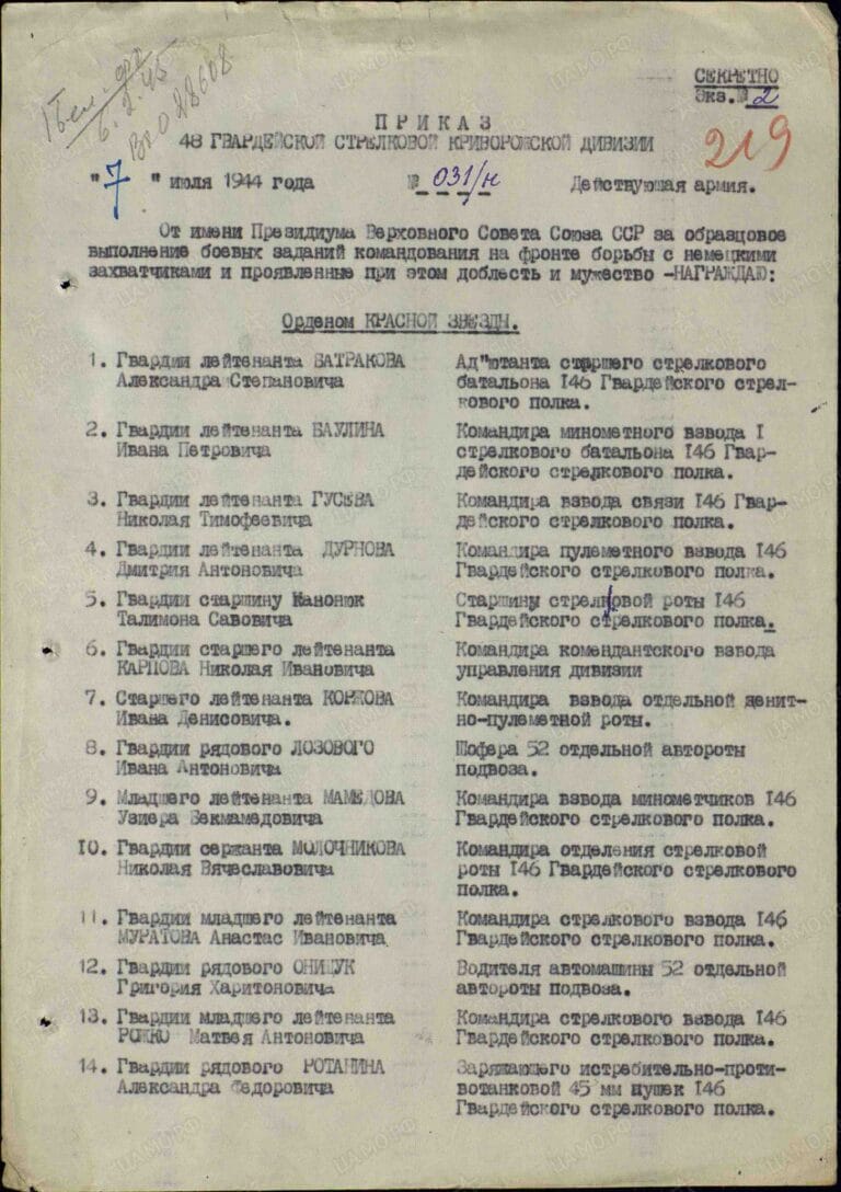 Муратов Анастас Иванович. Орден Красной Звезды. Строка в наградном списке