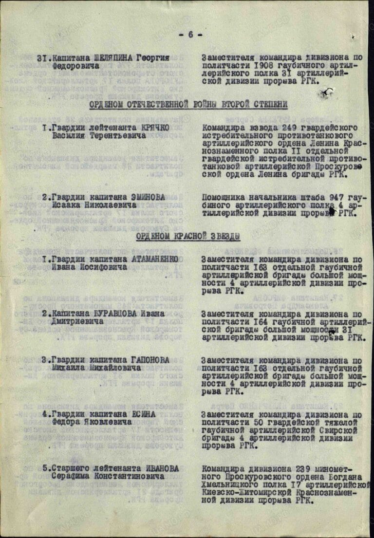 Эминов Исаак Николаевич. Орден Отечественной войны II степени. Строка в наградном списке