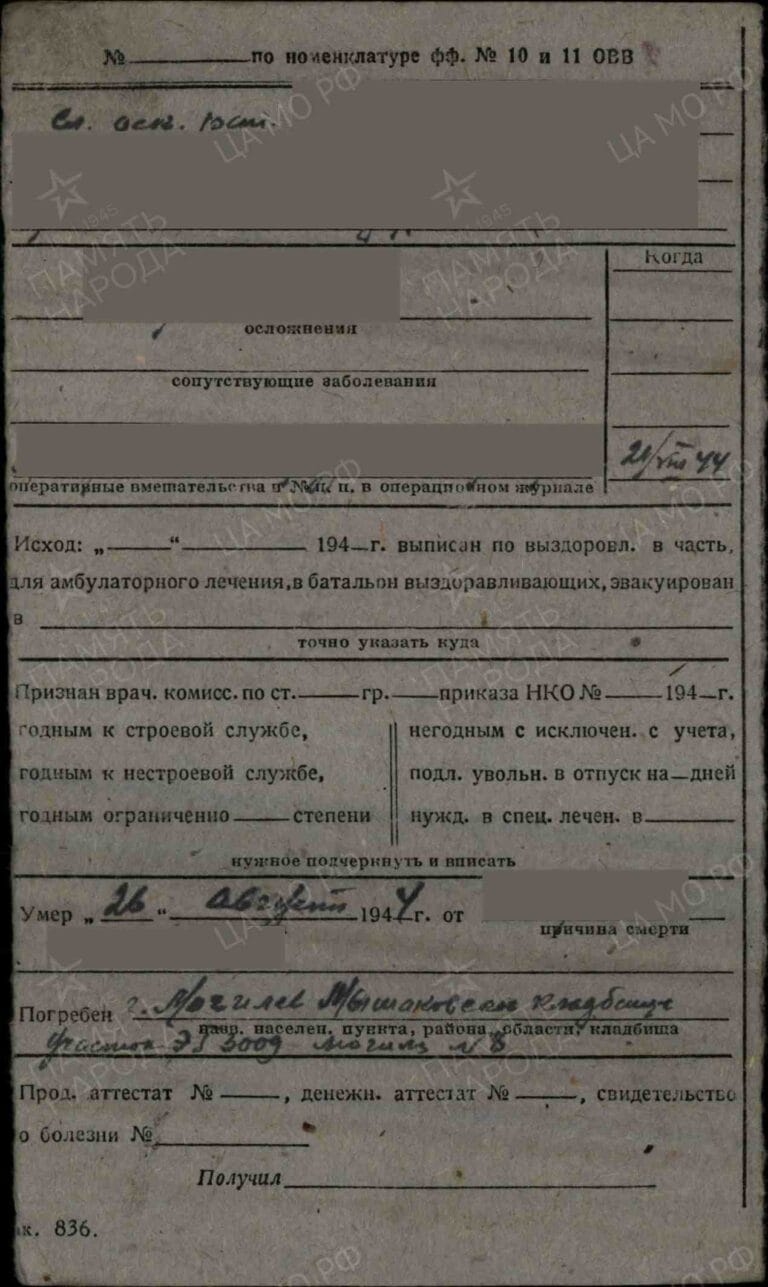 Филиал ЦАМО (военно-медицинских документов) Картотека ранений Бежанов Александр Яковлевич об