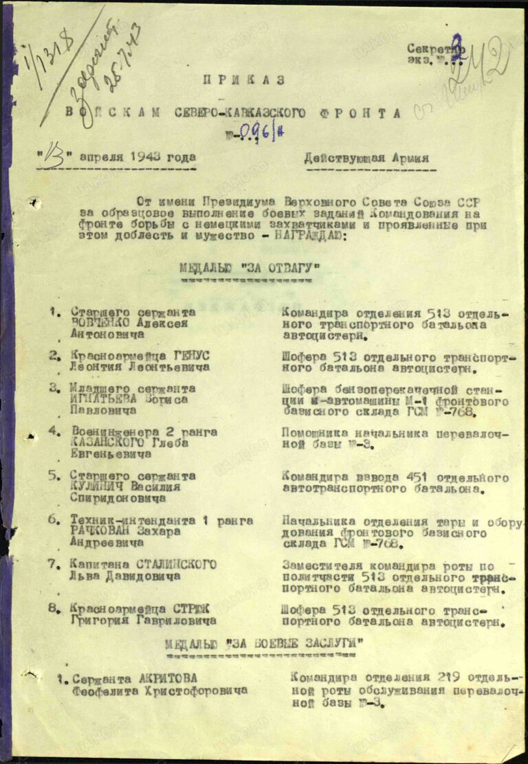 Акритов Феофелит Христофорович. Медаль За боевые заслуги. Строка в наградном списке