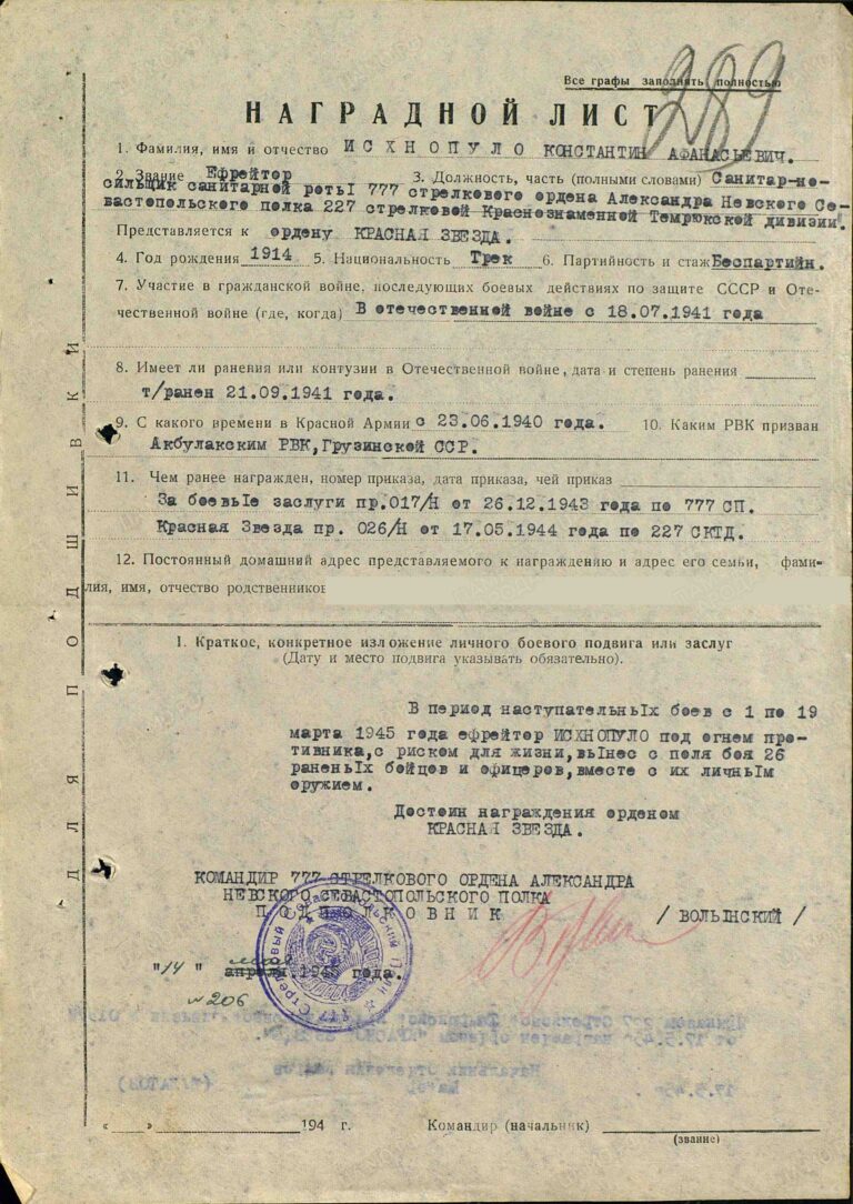 Исхнопуло Константин Афанасьевич. Орден Красной Звезды 2. Наградной лист