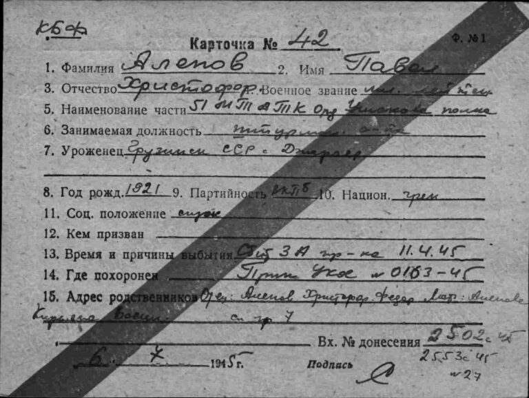 Картотека безвозвратных потерь. Алепов Павел Христофорович