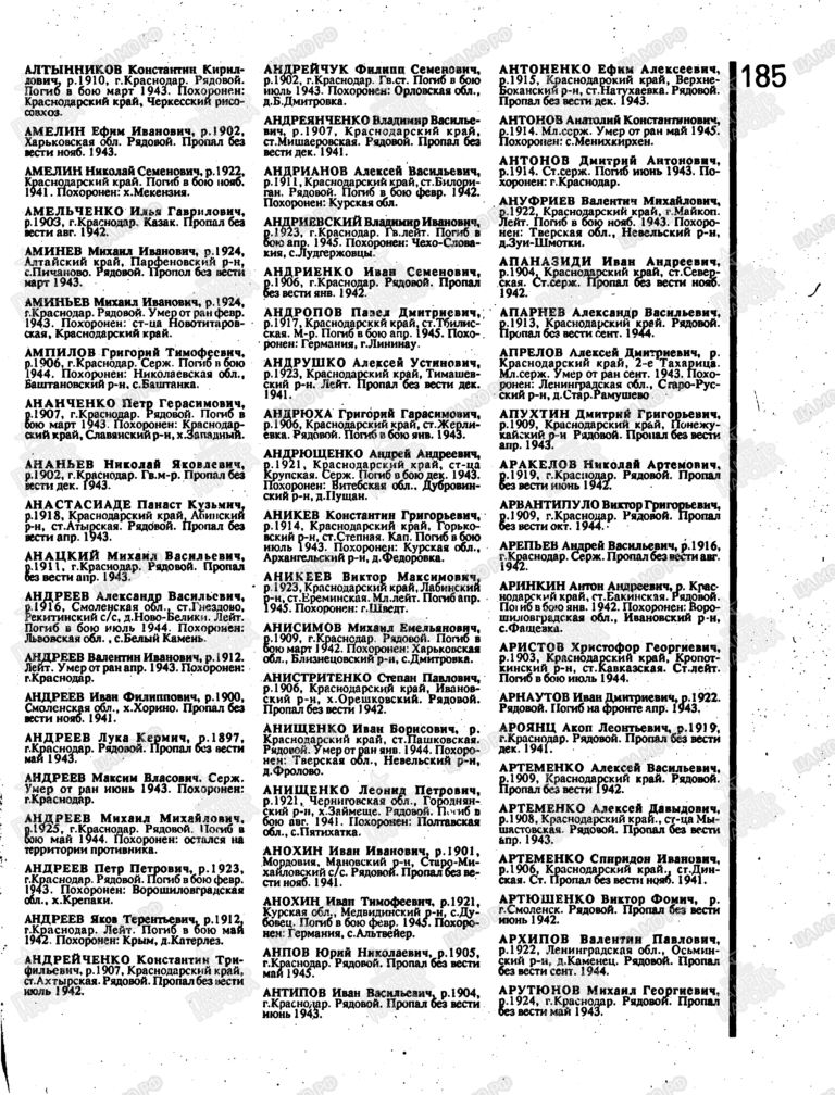 Книга памяти. Краснодарский край. Том 1. С.185