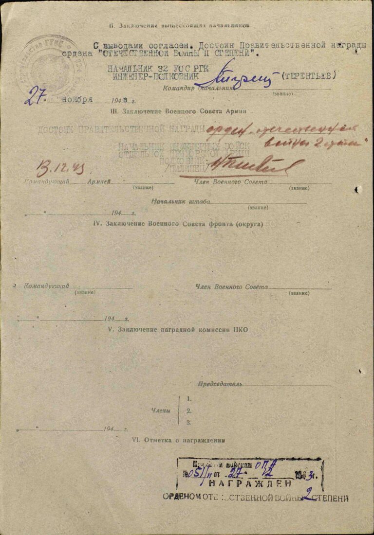 Феодориди Федор Григорьевич. Орден Отечественной войны II степени. Наградной лист об