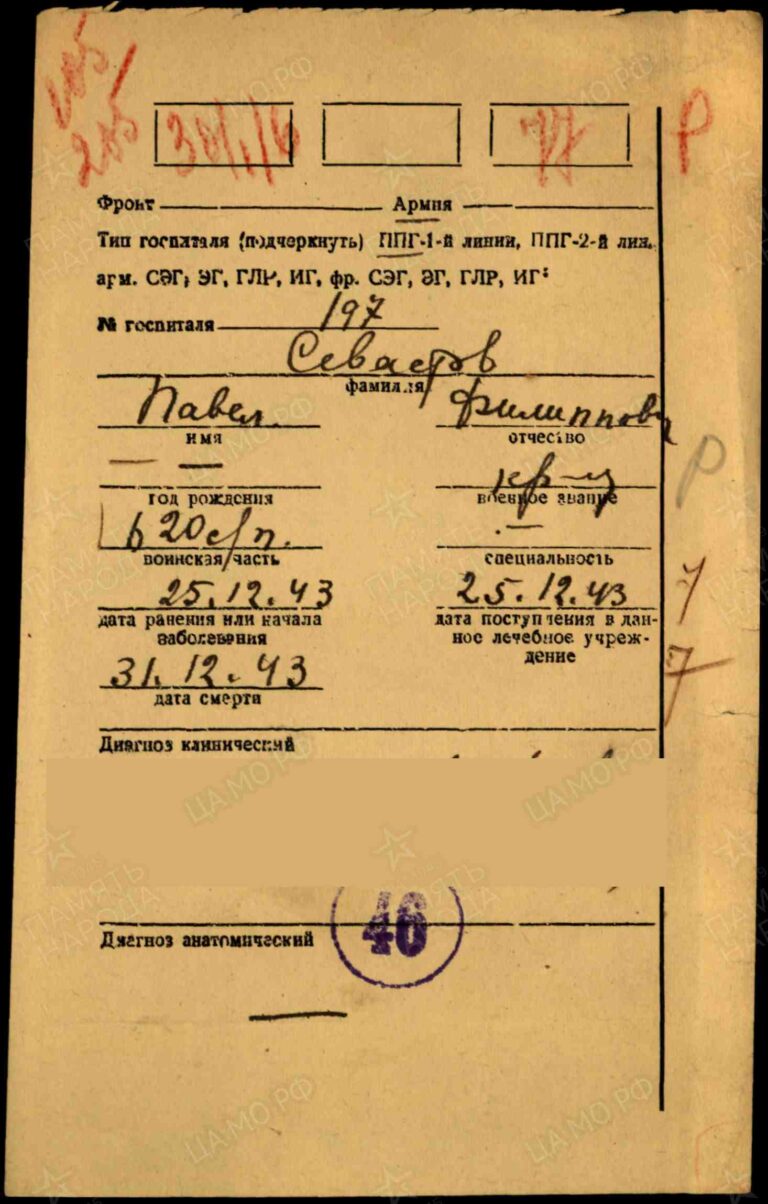 Филиал ЦАМО (военно-медицинских документов) Картотека ранений Севастов Павел Филипович