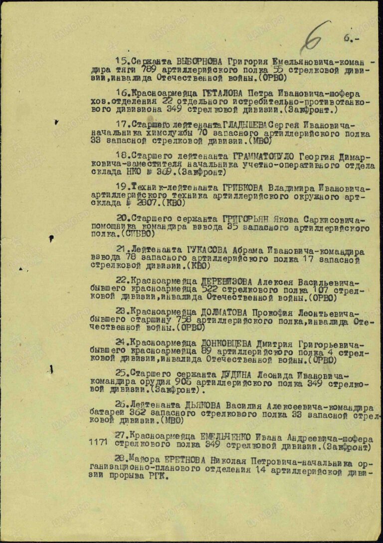 Грамматопуло Георгий Димархович. Медаль За боевые заслуги. Строка в наградном списке