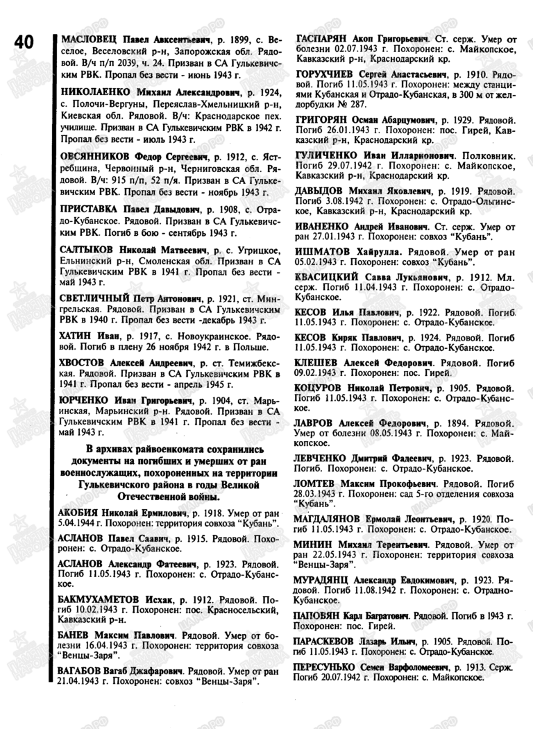 Книга памяти. Краснодарский край. Том 18. С.40