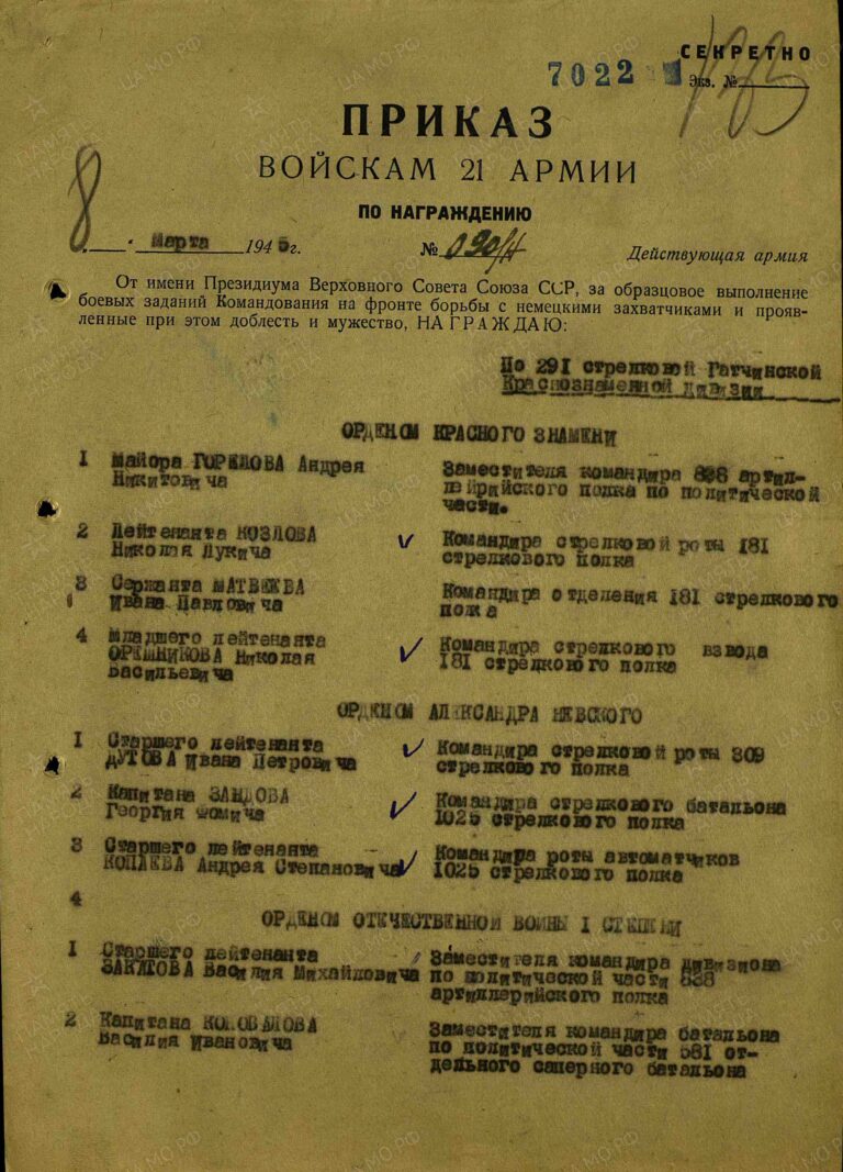 Зандов Георгий Фомич. Орден Александра Невского. Строка в наградном списке