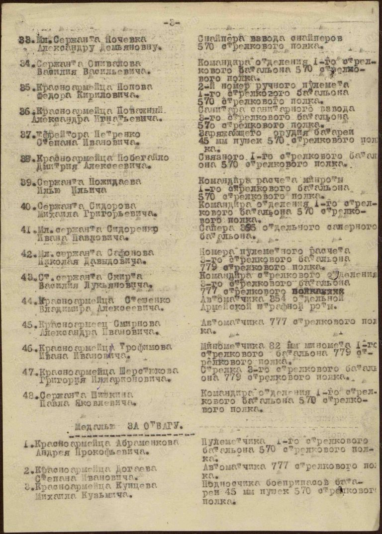 Чульфа Матвей Анастасович. Медаль За отвагу. Первая страница приказа или указа