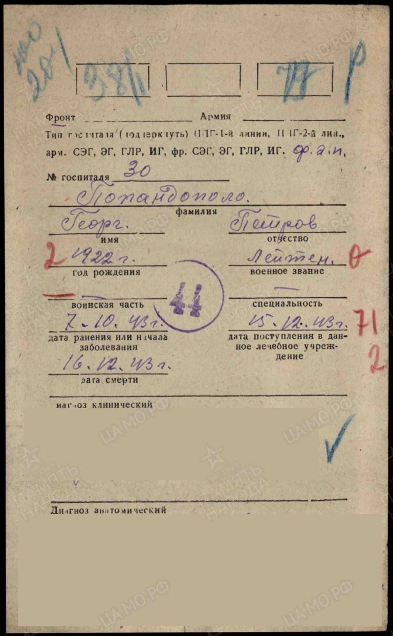 Филиал ЦАМО (военно-медицинских документов) Картотека ранений Попандопуло Георгий Петрович