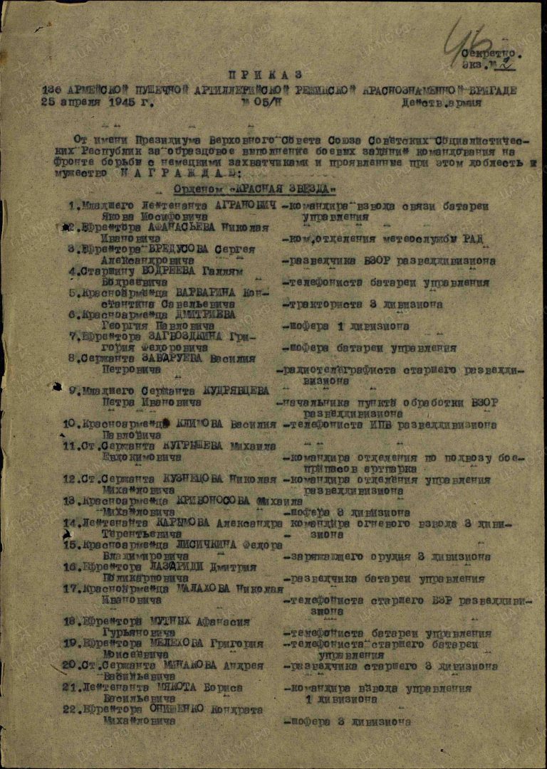 Лазариди Дмитрий Поликарпович. Орден Красной Звезды. Строка в наградном списке