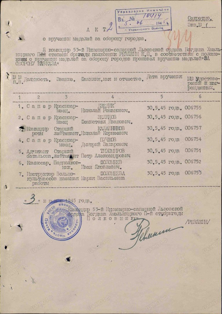 Зелилов Фемистокл Иванович. Медаль За оборону Кавказа. Строка в наградном списке