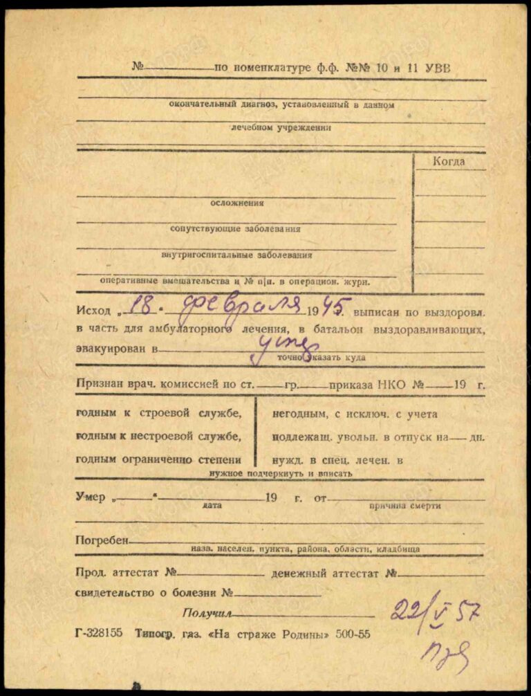 Филиал ЦАМО (военно-медицинских документов) Картотека ранений Кулаксизов Александр Савович 2об