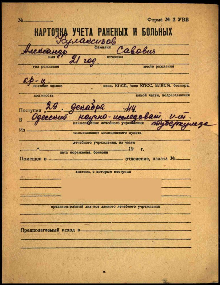 Филиал ЦАМО (военно-медицинских документов) Картотека ранений Кулаксизов Александр Савович