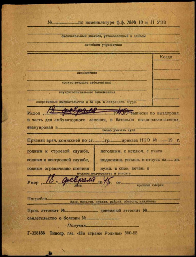 Филиал ЦАМО (военно-медицинских документов) Картотека ранений Кулаксизов Александр Савович об