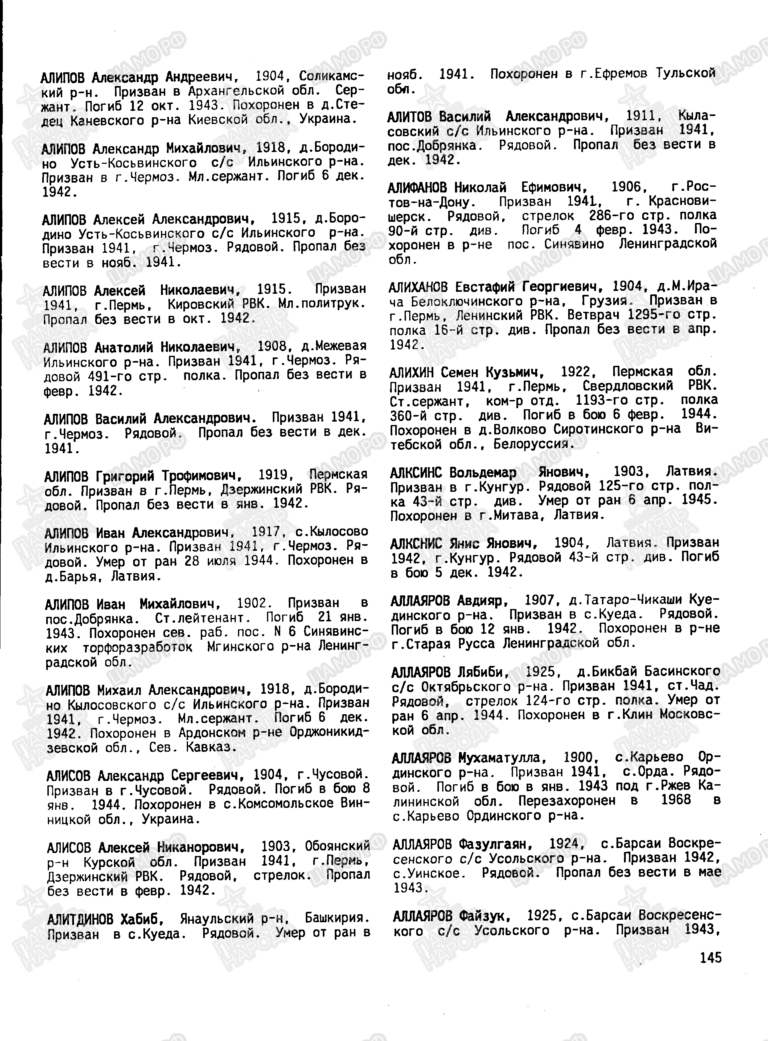 Книга памяти. Пермская область. Том 1. С.145