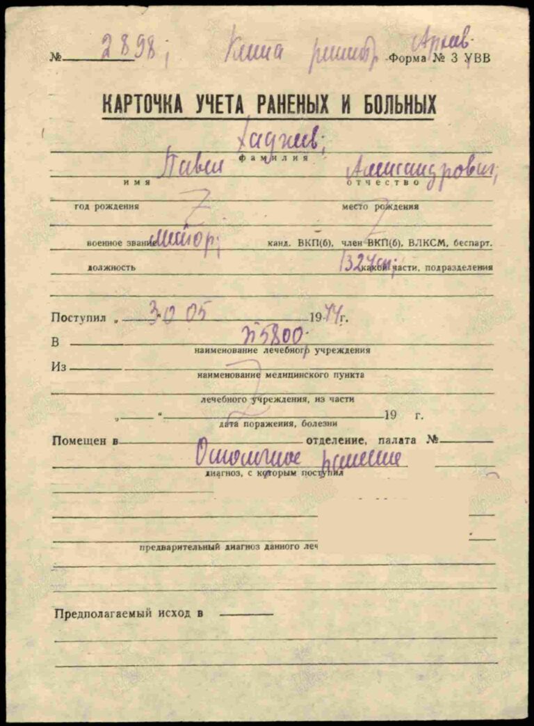 Филиал ЦАМО (военно-медицинских документов) Картотека ранений Хаджев Павел Александрович 2