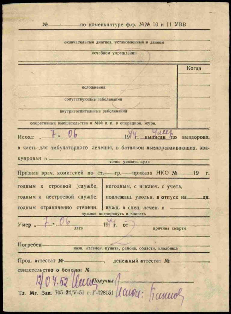 Филиал ЦАМО (военно-медицинских документов) Картотека ранений Хаджев Павел Александрович 2об