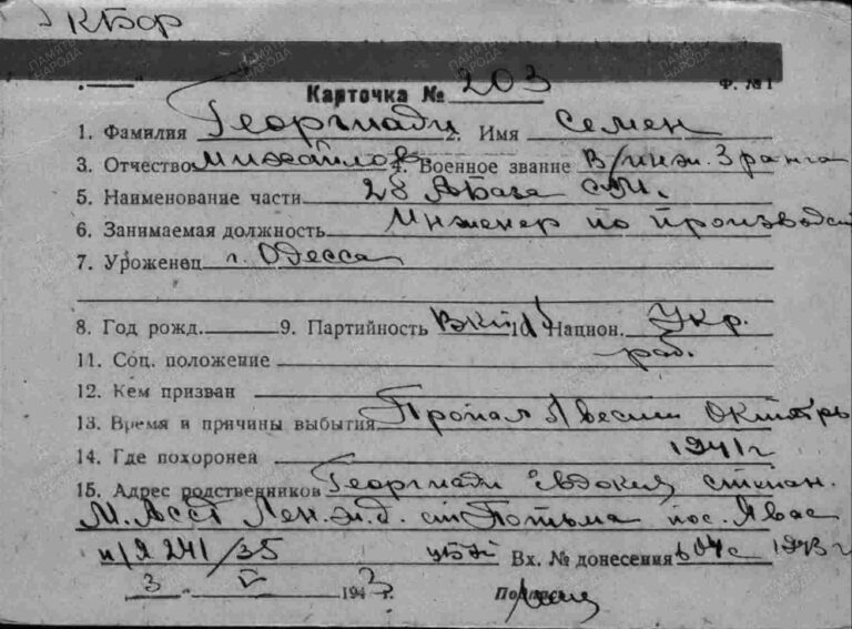 ЦВМА Картотека безвозвратных потерь Карточка 203