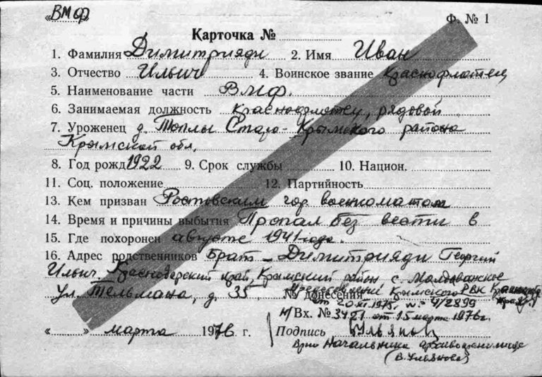 ЦВМА Картотека безвозвратных потерь Димитрияди Иван Ильич