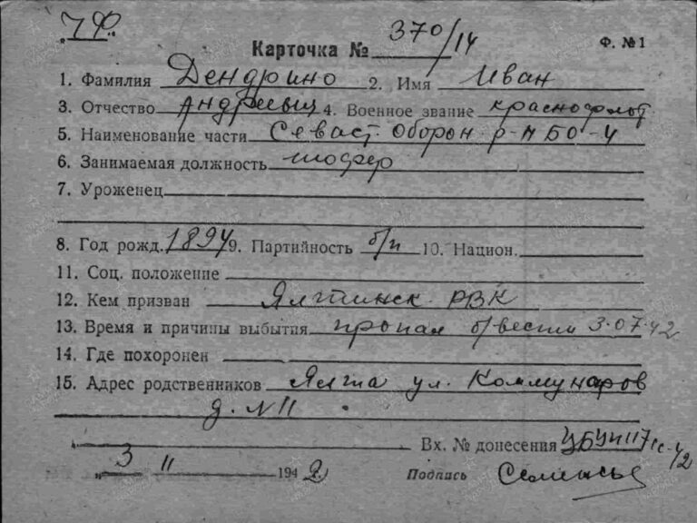 ЦВМА Картотека безвозвратных потерь Карточка 370-14