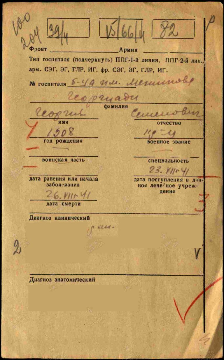 Филиал ЦАМО (военно-медицинских документов) Картотека ранений Георгиади Георгий Семенович 1