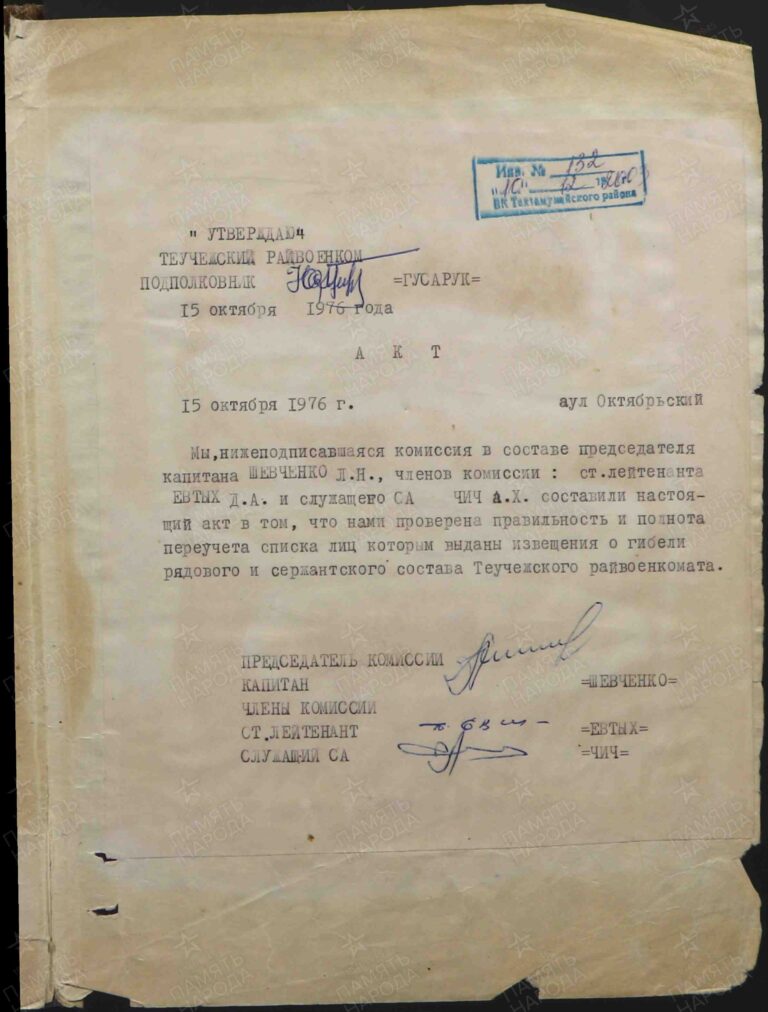 ВК Республики Адыгея Отдел ВК по Тахтамукайскому и Теучежскому р-нам Д.11008277 Л.1